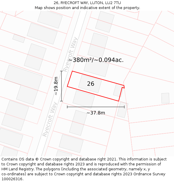26, RYECROFT WAY, LUTON, LU2 7TU: Plot and title map