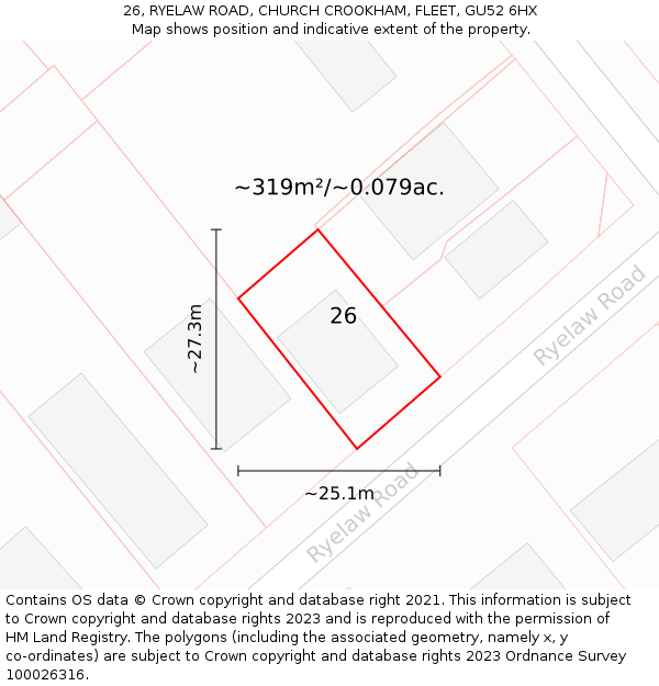 26, RYELAW ROAD, CHURCH CROOKHAM, FLEET, GU52 6HX: Plot and title map