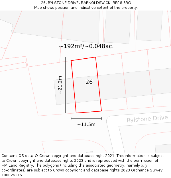 26, RYLSTONE DRIVE, BARNOLDSWICK, BB18 5RG: Plot and title map
