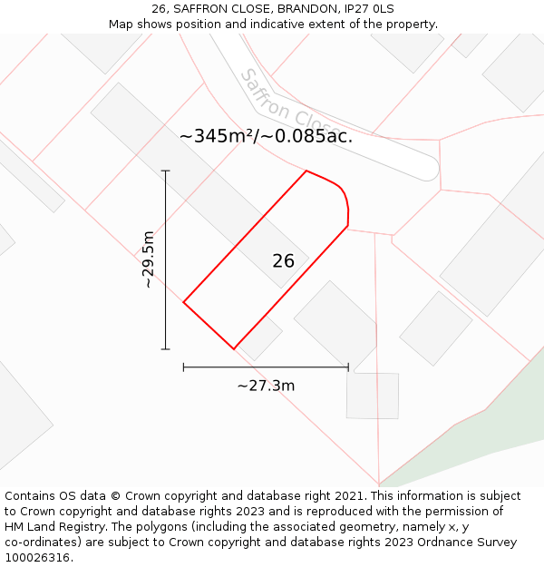 26, SAFFRON CLOSE, BRANDON, IP27 0LS: Plot and title map