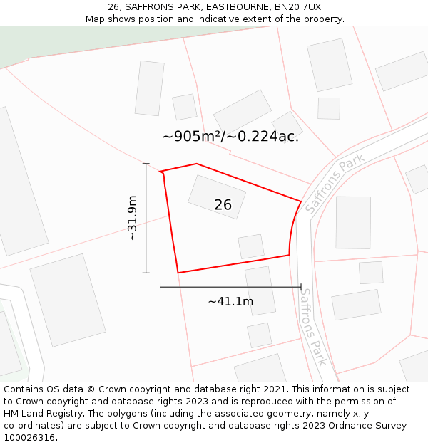 26, SAFFRONS PARK, EASTBOURNE, BN20 7UX: Plot and title map