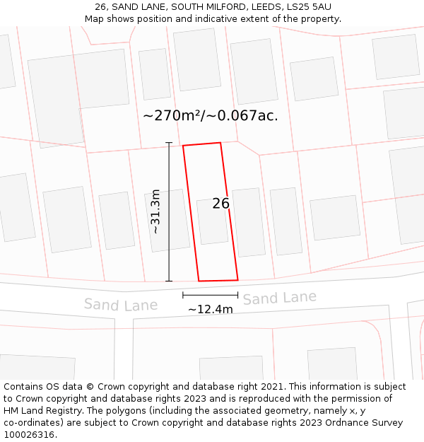 26, SAND LANE, SOUTH MILFORD, LEEDS, LS25 5AU: Plot and title map