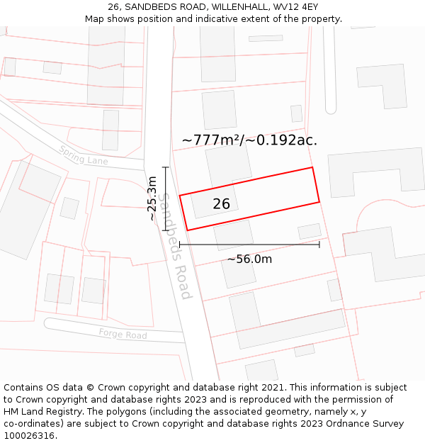 26, SANDBEDS ROAD, WILLENHALL, WV12 4EY: Plot and title map