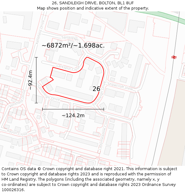 26, SANDILEIGH DRIVE, BOLTON, BL1 8UF: Plot and title map