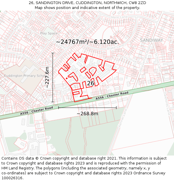 26, SANDINGTON DRIVE, CUDDINGTON, NORTHWICH, CW8 2ZD: Plot and title map