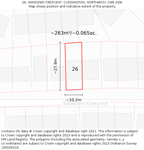 26, SANDOWN CRESCENT, CUDDINGTON, NORTHWICH, CW8 2QW: Plot and title map