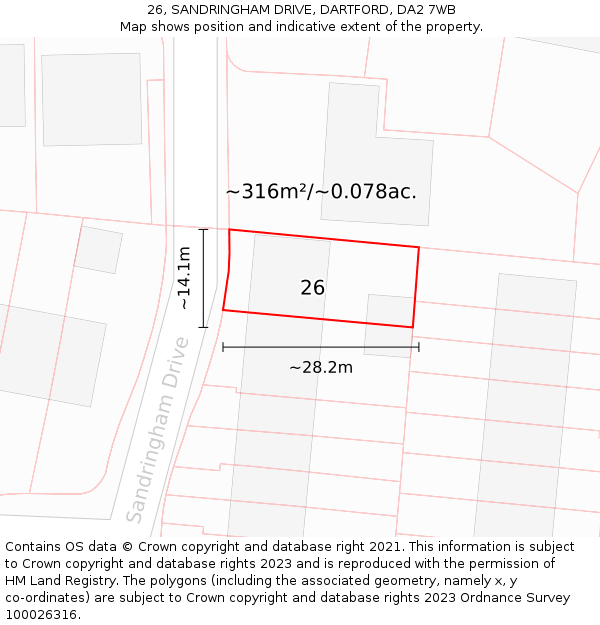 26, SANDRINGHAM DRIVE, DARTFORD, DA2 7WB: Plot and title map