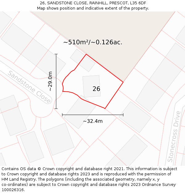 26, SANDSTONE CLOSE, RAINHILL, PRESCOT, L35 6DF: Plot and title map