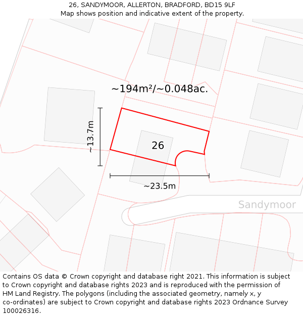 26, SANDYMOOR, ALLERTON, BRADFORD, BD15 9LF: Plot and title map