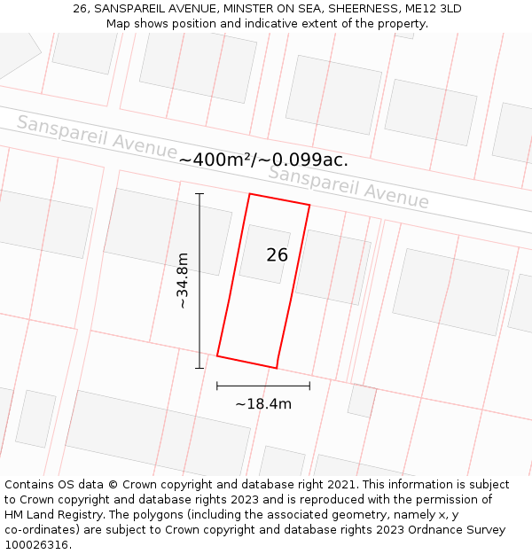 26, SANSPAREIL AVENUE, MINSTER ON SEA, SHEERNESS, ME12 3LD: Plot and title map