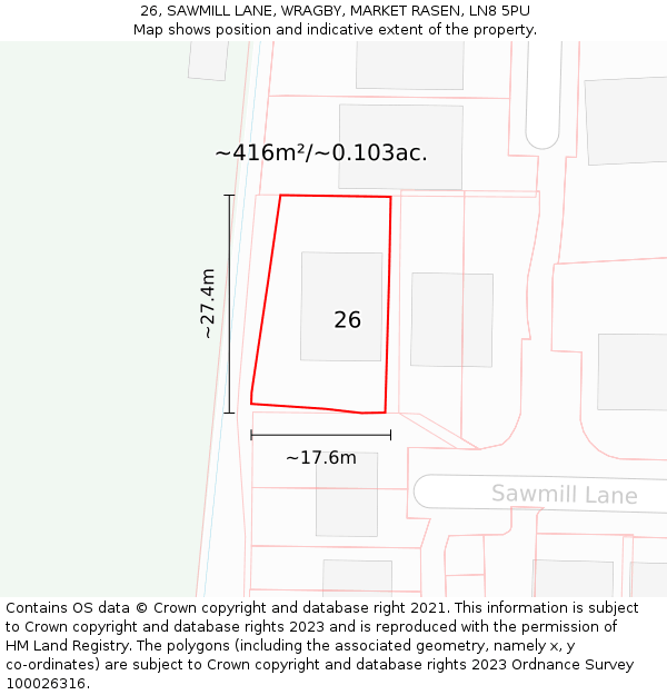 26, SAWMILL LANE, WRAGBY, MARKET RASEN, LN8 5PU: Plot and title map