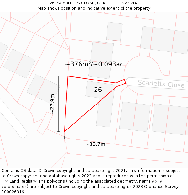 26, SCARLETTS CLOSE, UCKFIELD, TN22 2BA: Plot and title map