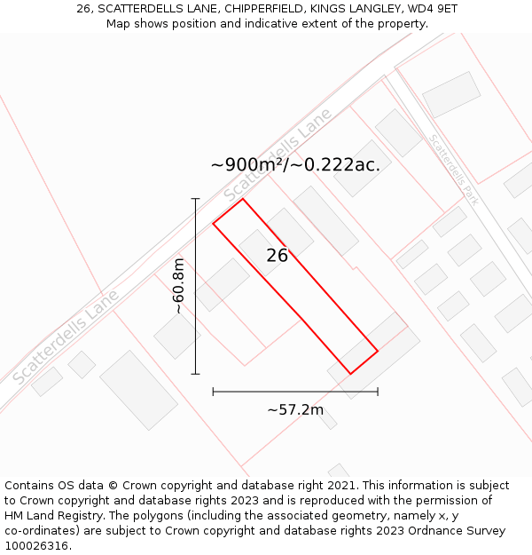 26, SCATTERDELLS LANE, CHIPPERFIELD, KINGS LANGLEY, WD4 9ET: Plot and title map