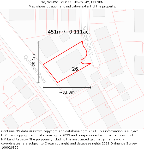 26, SCHOOL CLOSE, NEWQUAY, TR7 3EN: Plot and title map