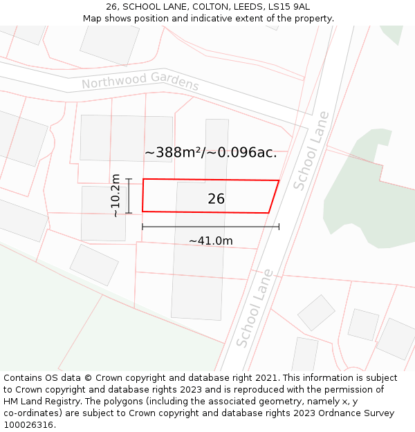 26, SCHOOL LANE, COLTON, LEEDS, LS15 9AL: Plot and title map
