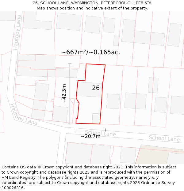 26, SCHOOL LANE, WARMINGTON, PETERBOROUGH, PE8 6TA: Plot and title map
