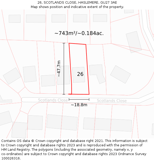 26, SCOTLANDS CLOSE, HASLEMERE, GU27 3AE: Plot and title map