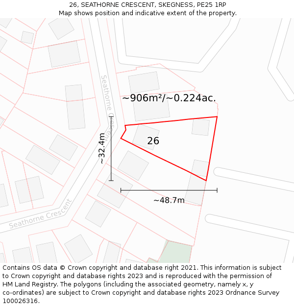 26, SEATHORNE CRESCENT, SKEGNESS, PE25 1RP: Plot and title map