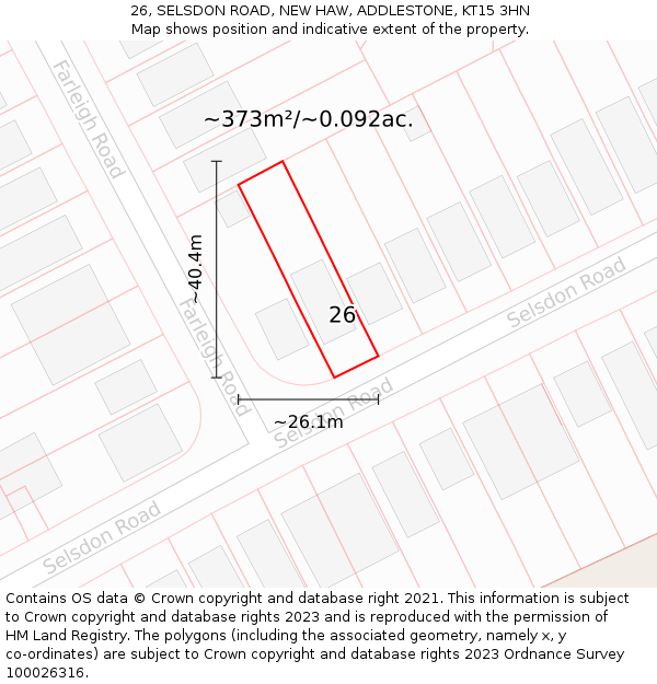 26, SELSDON ROAD, NEW HAW, ADDLESTONE, KT15 3HN: Plot and title map