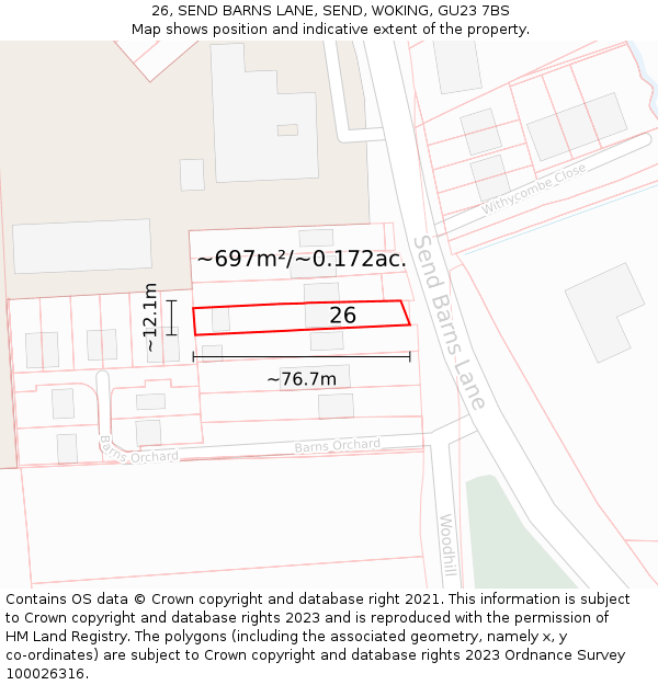 26, SEND BARNS LANE, SEND, WOKING, GU23 7BS: Plot and title map