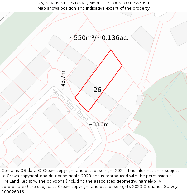 26, SEVEN STILES DRIVE, MARPLE, STOCKPORT, SK6 6LT: Plot and title map