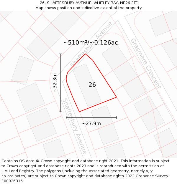26, SHAFTESBURY AVENUE, WHITLEY BAY, NE26 3TF: Plot and title map