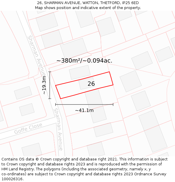26, SHARMAN AVENUE, WATTON, THETFORD, IP25 6ED: Plot and title map