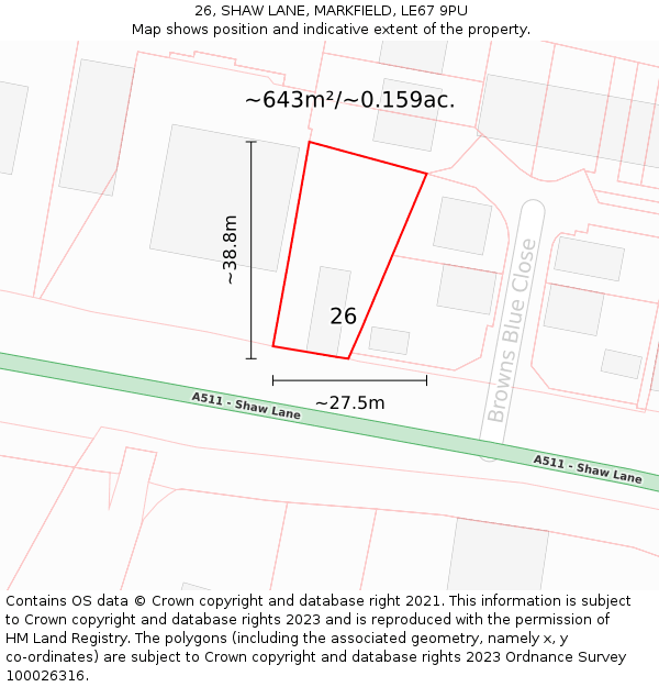 26, SHAW LANE, MARKFIELD, LE67 9PU: Plot and title map