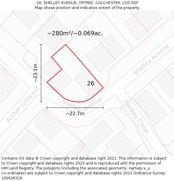 26, SHELLEY AVENUE, TIPTREE, COLCHESTER, CO5 0SF: Plot and title map