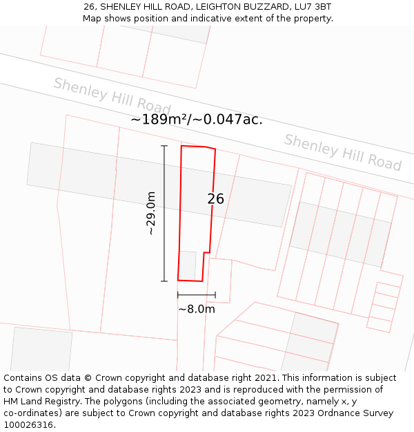 26, SHENLEY HILL ROAD, LEIGHTON BUZZARD, LU7 3BT: Plot and title map