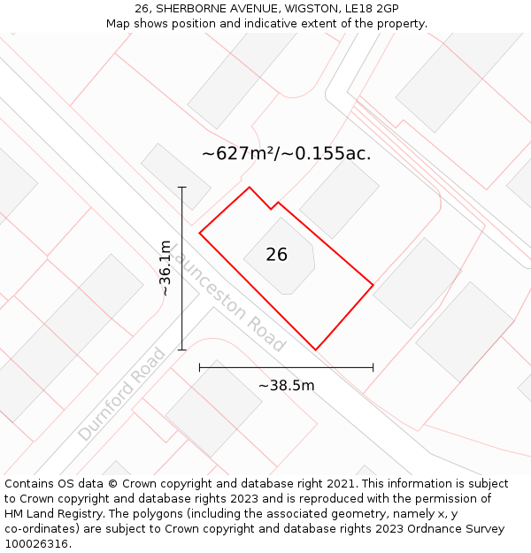 26, SHERBORNE AVENUE, WIGSTON, LE18 2GP: Plot and title map