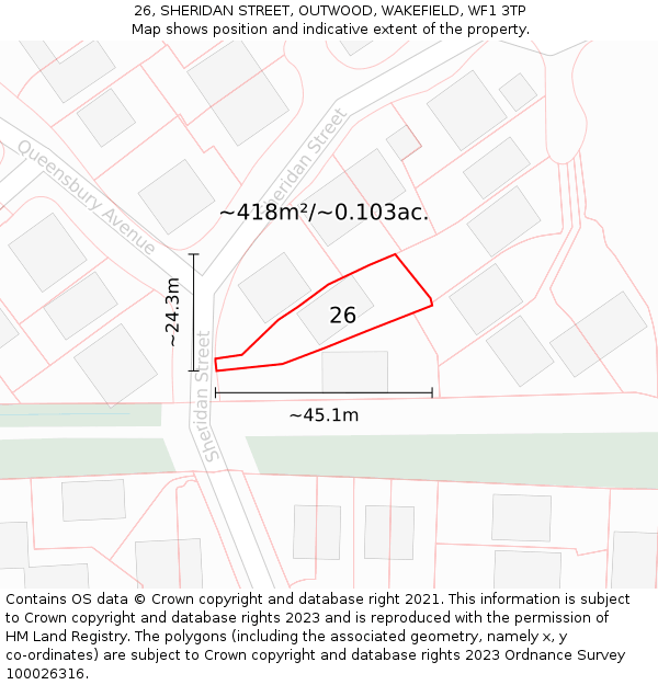 26, SHERIDAN STREET, OUTWOOD, WAKEFIELD, WF1 3TP: Plot and title map