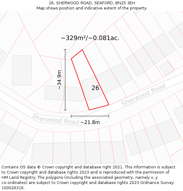 26, SHERWOOD ROAD, SEAFORD, BN25 3EH: Plot and title map