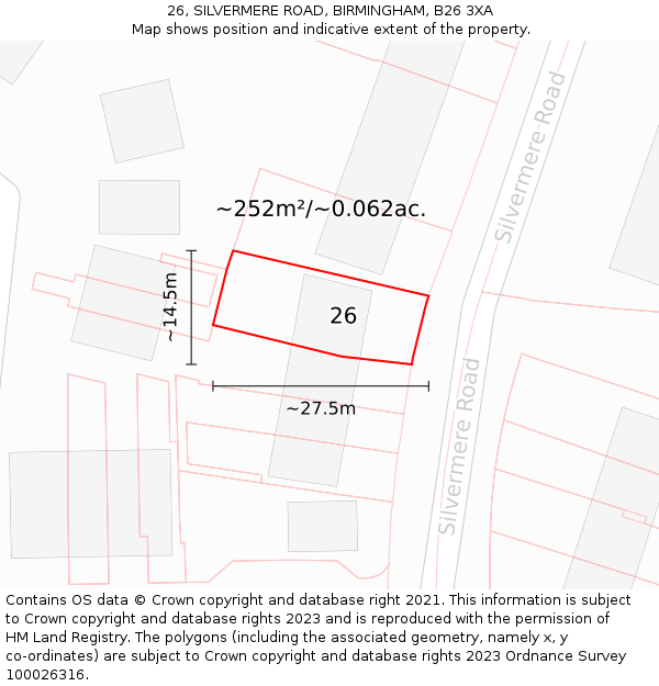 26, SILVERMERE ROAD, BIRMINGHAM, B26 3XA: Plot and title map