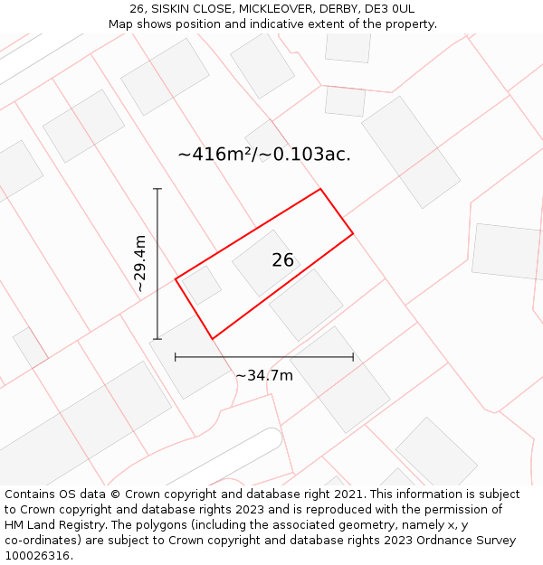 26, SISKIN CLOSE, MICKLEOVER, DERBY, DE3 0UL: Plot and title map
