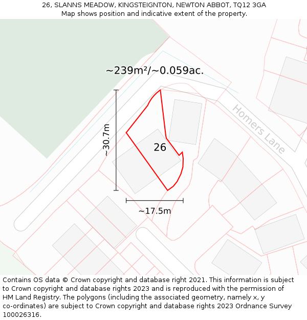 26, SLANNS MEADOW, KINGSTEIGNTON, NEWTON ABBOT, TQ12 3GA: Plot and title map