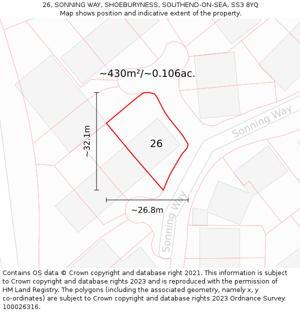 26, SONNING WAY, SHOEBURYNESS, SOUTHEND-ON-SEA, SS3 8YQ: Plot and title map