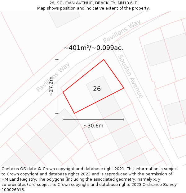 26, SOUDAN AVENUE, BRACKLEY, NN13 6LE: Plot and title map