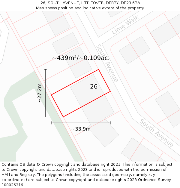 26, SOUTH AVENUE, LITTLEOVER, DERBY, DE23 6BA: Plot and title map