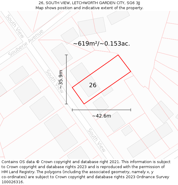 26, SOUTH VIEW, LETCHWORTH GARDEN CITY, SG6 3JJ: Plot and title map