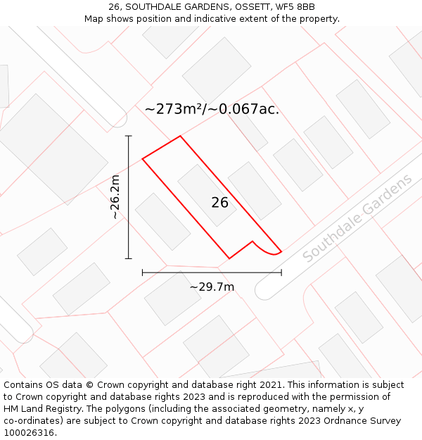 26, SOUTHDALE GARDENS, OSSETT, WF5 8BB: Plot and title map