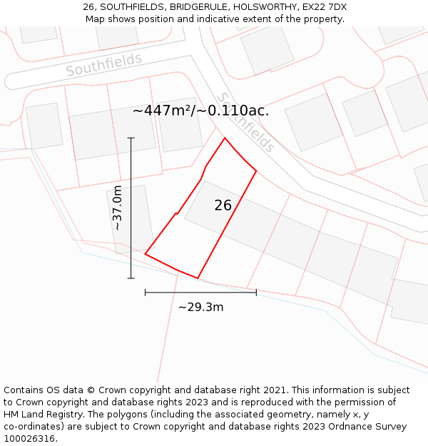 26, SOUTHFIELDS, BRIDGERULE, HOLSWORTHY, EX22 7DX: Plot and title map