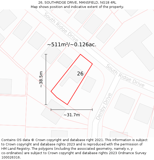 26, SOUTHRIDGE DRIVE, MANSFIELD, NG18 4RL: Plot and title map