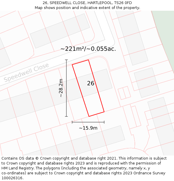 26, SPEEDWELL CLOSE, HARTLEPOOL, TS26 0FD: Plot and title map