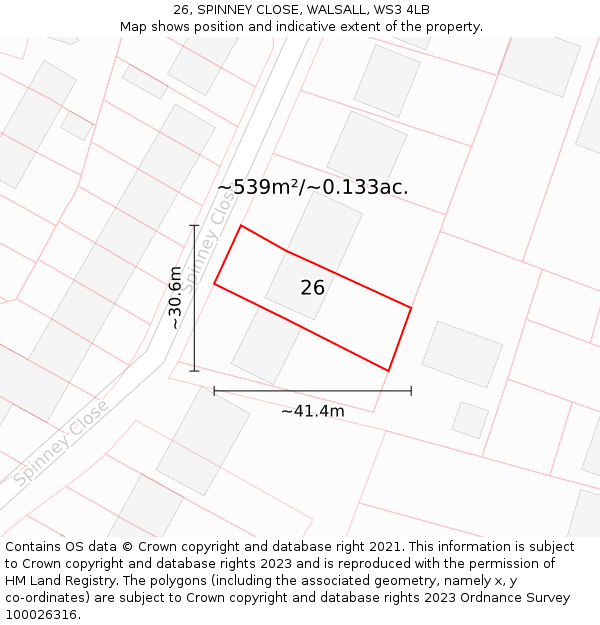 26, SPINNEY CLOSE, WALSALL, WS3 4LB: Plot and title map