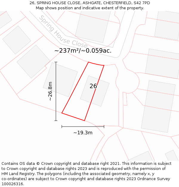 26, SPRING HOUSE CLOSE, ASHGATE, CHESTERFIELD, S42 7PD: Plot and title map