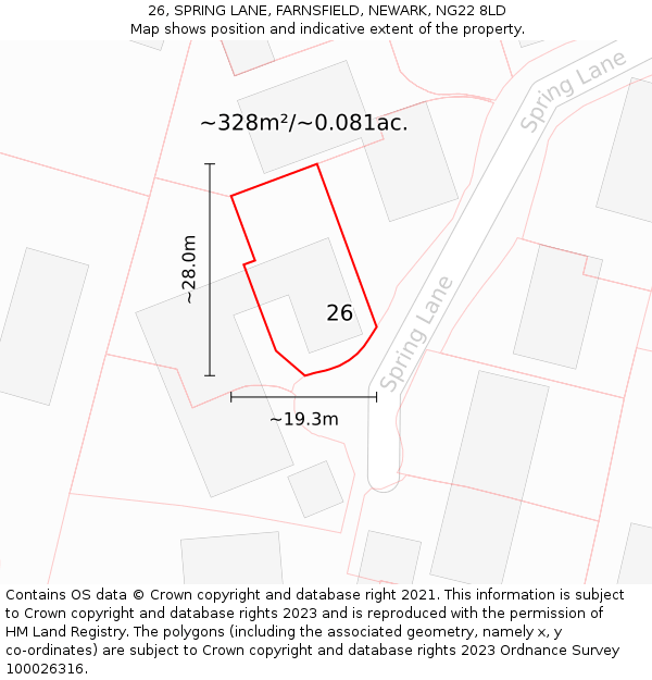 26, SPRING LANE, FARNSFIELD, NEWARK, NG22 8LD: Plot and title map