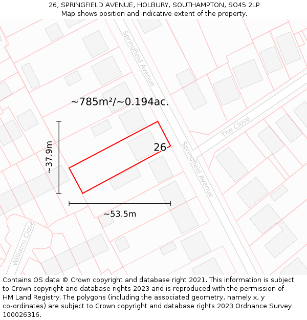 26, SPRINGFIELD AVENUE, HOLBURY, SOUTHAMPTON, SO45 2LP: Plot and title map