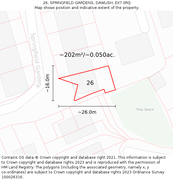 26, SPRINGFIELD GARDENS, DAWLISH, EX7 0RQ: Plot and title map