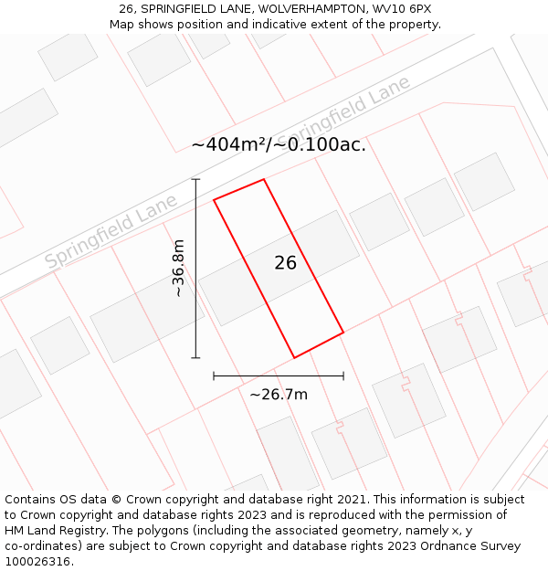 26, SPRINGFIELD LANE, WOLVERHAMPTON, WV10 6PX: Plot and title map